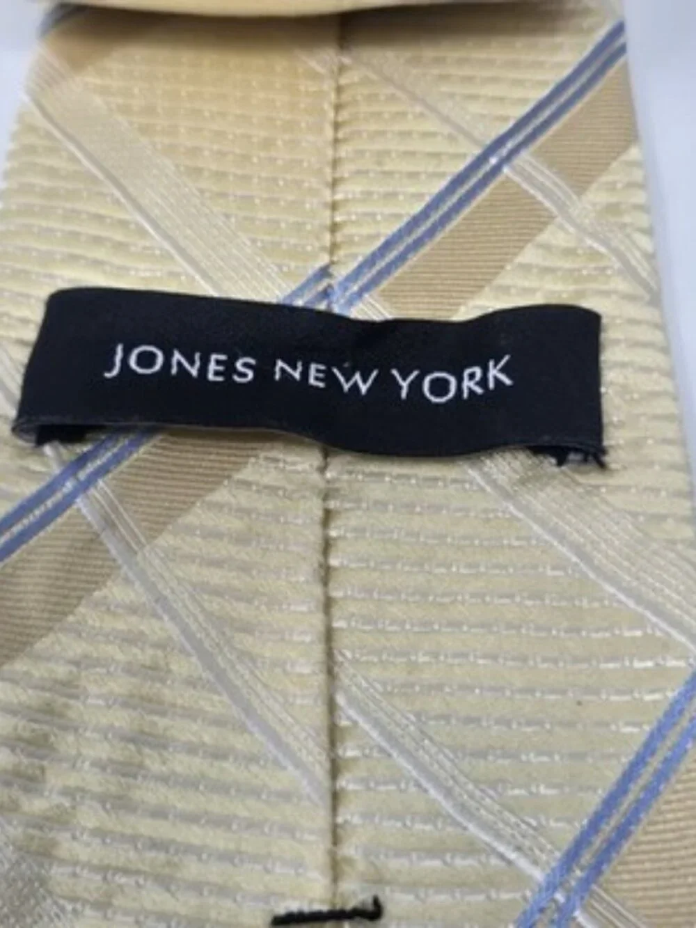 Jones New York 100% Silk Yellow Gold Blue Plaid Stripe Geometric Pattern Tie